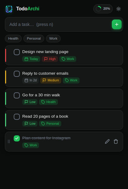TodoArchi popup in dark mode
